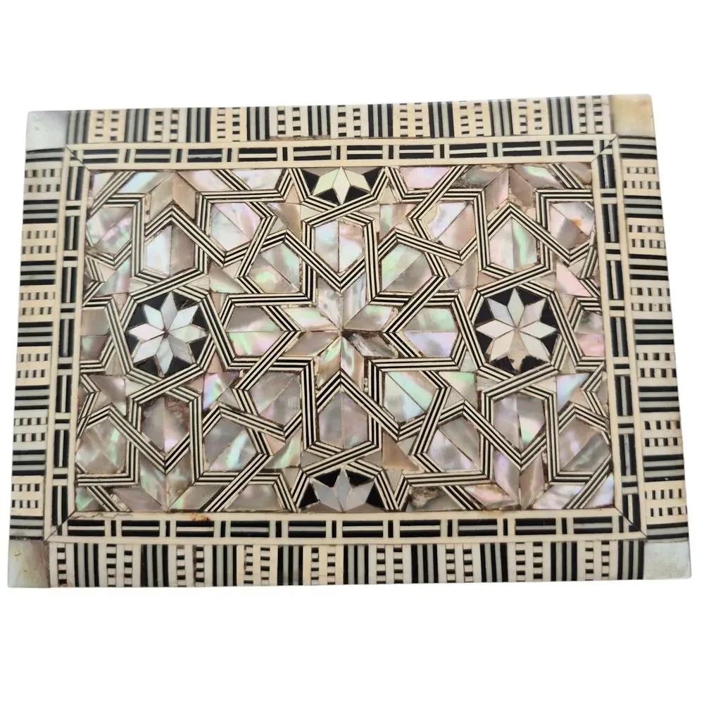 Vintage Wood & Mother of Pearl Inlaid Mosaic Box Trinket Jewelry Catchall Small